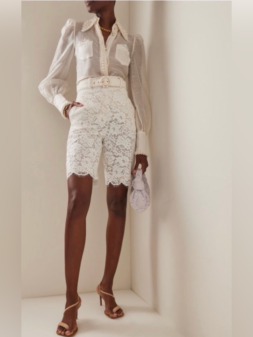 Zimmermann Lace High-Waist Bermuda Shorts in Cream with belt ! Matching blouse!